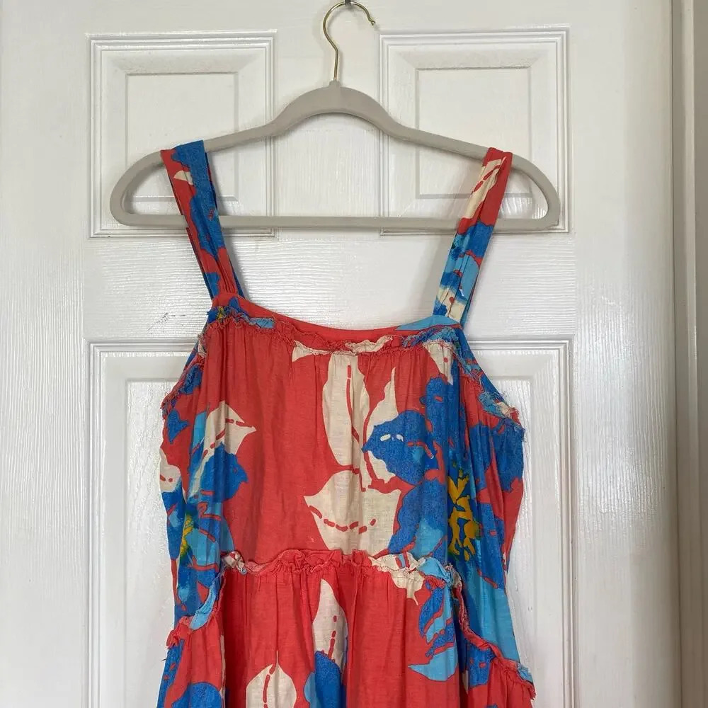 FREE PEOPLE Moonshine Midi Dress Linen Blend Floral Tropical Size Small Red Blue - Picture 3 of 8